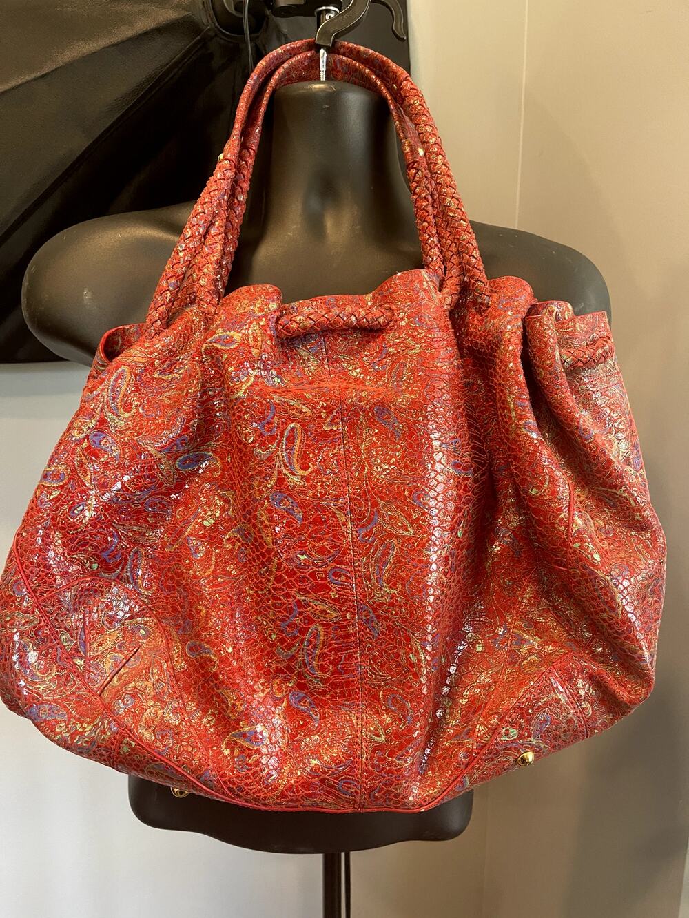 Sharon Gioe Italian Collection Red Paisley Snakeskin Leather Handbag Tote
